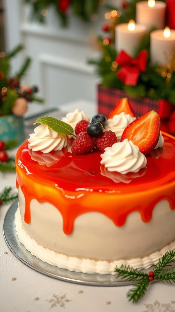 A festive Christmas cake topped with jelly and cream, decorated with fresh fruits on a holiday table.